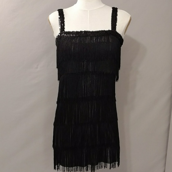 Flapper Roaring Twenties Showgirl Costume Fringe Dress Stretch Black Sexy Mini - Picture 1 of 8
